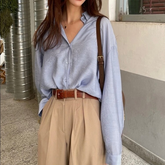 Blouse shirt blue light office casual button collar long sleeve top - Picture 5 of 7